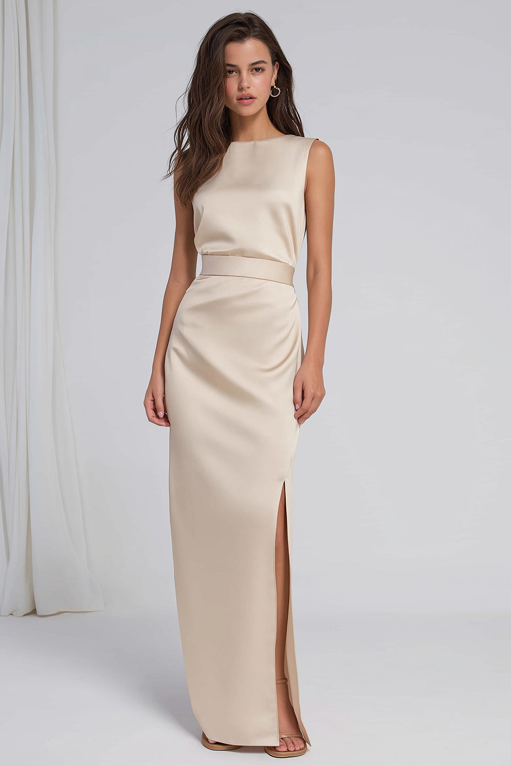 Champagne Sheath Bateau Neck Long Bridesmaid Dress with Slit