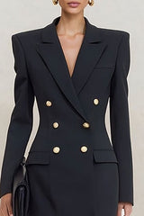 Black Peak Lapel Double Breasted Short Blazer Dress with Sleeves