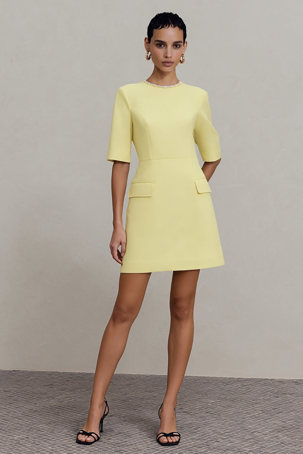 Light Yellow Crew Neck Short Work Dress with Sleeves