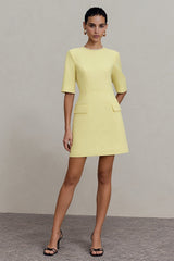 Light Yellow Crew Neck Short Work Dress with Sleeves