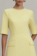Light Yellow Crew Neck Short Work Dress with Sleeves