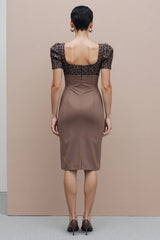 Brown Cheetah Print Pencil Square Neck Midi Work Dress with Sleeves