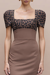 Brown Cheetah Print Pencil Square Neck Midi Work Dress with Sleeves