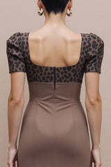 Brown Cheetah Print Pencil Square Neck Midi Work Dress with Sleeves
