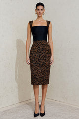 Black and Brown Cheetah Print Square Neck Midi Work Dress