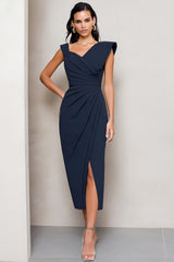 Navy Asymmetrical Neck Pencil Ruched Midi Work Dress with Slit