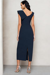 Navy Asymmetrical Neck Pencil Ruched Midi Work Dress with Slit