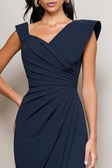 Navy Asymmetrical Neck Pencil Ruched Midi Work Dress with Slit