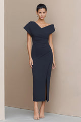 Navy Asymmetrical Neck Pencil Ruched Long Work Dress