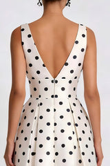 White and Black Polka Dots A Line Midi Work Dress