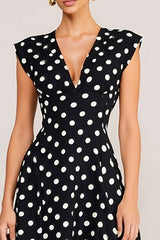 Black and White Polka Dots V-Neck A Line Midi Work Dress