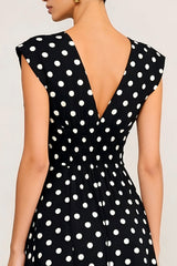 Black and White Polka Dots V-Neck A Line Midi Work Dress