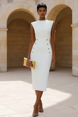 Ivory Crew Neck Pencil Midi Work Dress with Slit