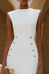 Ivory Crew Neck Pencil Midi Work Dress with Slit
