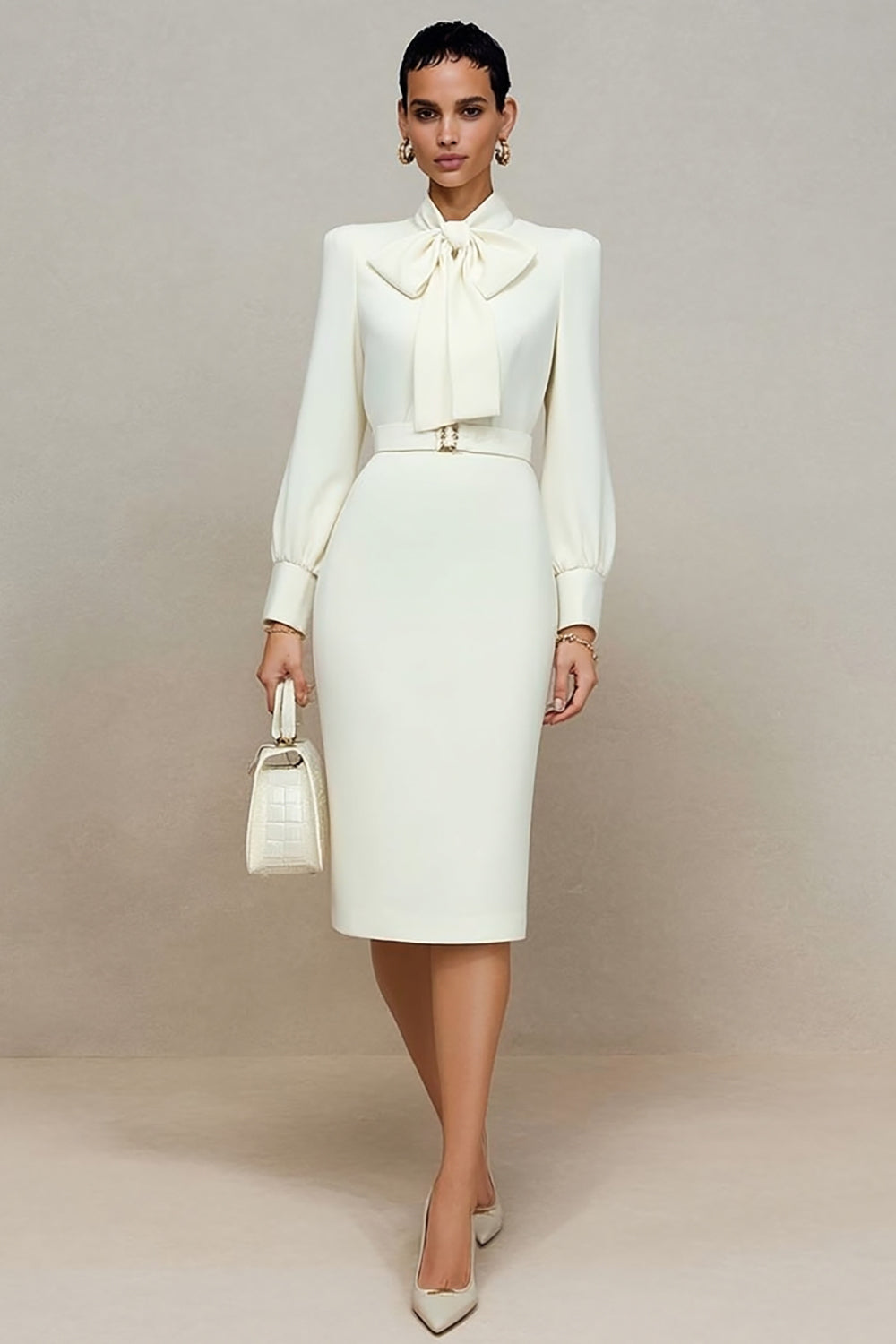 Ivory Pencil Long Sleeves Midi Work Dress with Bow