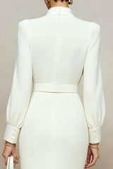 Ivory Pencil Long Sleeves Midi Work Dress with Bow