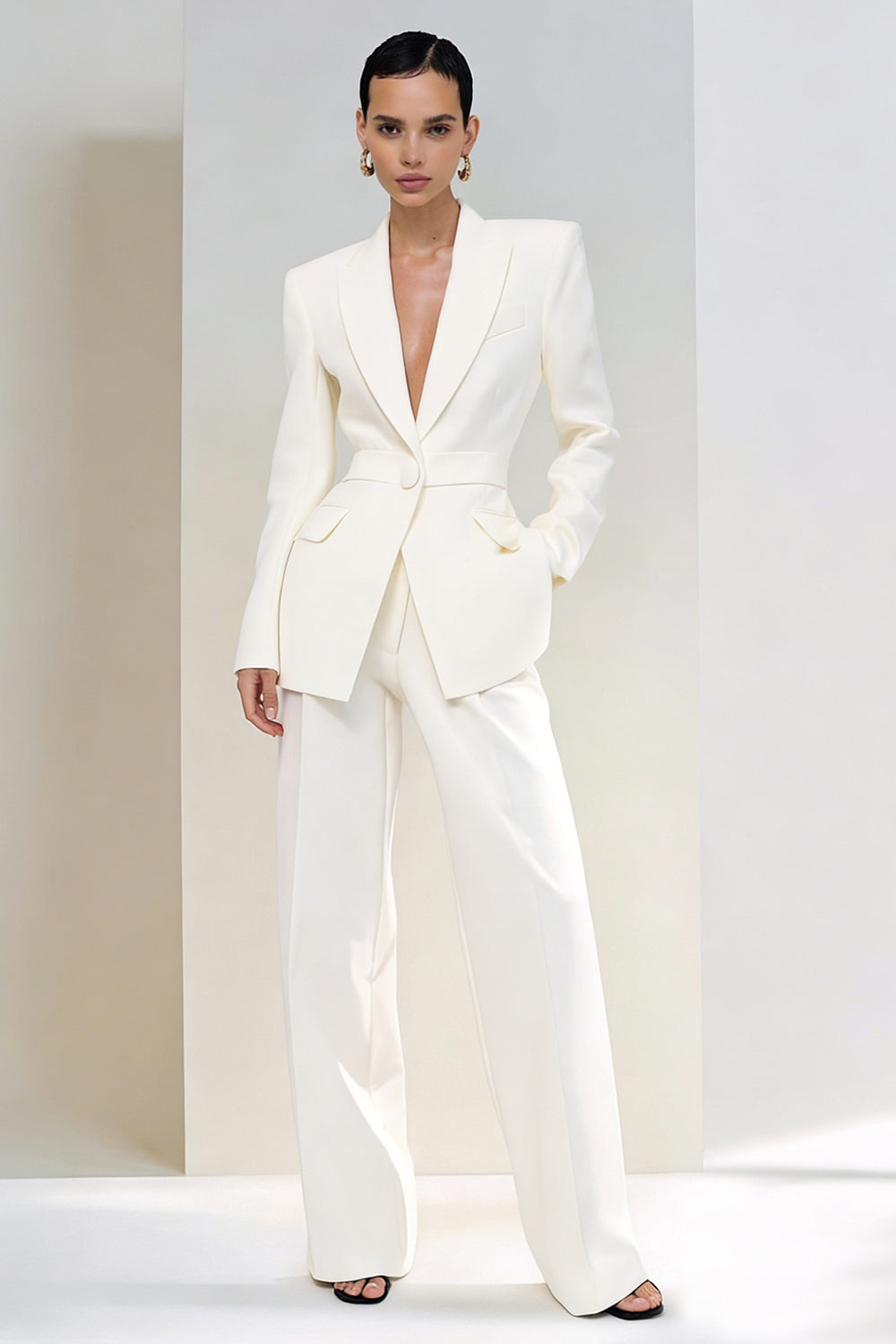 2 Piece Ivory Peak Lapel Single Breasted Business Suits with Sleeves