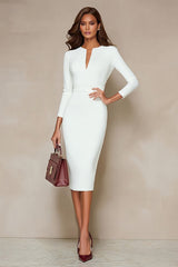 Ivory Pencil Long Sleeves Midi Work Dress with Slit