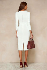 Ivory Pencil Long Sleeves Midi Work Dress with Slit