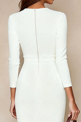 Ivory Pencil Long Sleeves Midi Work Dress with Slit