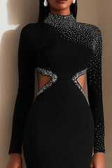 Sparkly Black Pencil High Neck Cut Out Midi Work Dress with Beading