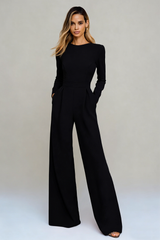 Black Round Neck Satin Long Sleeves Formal Jumpsuits