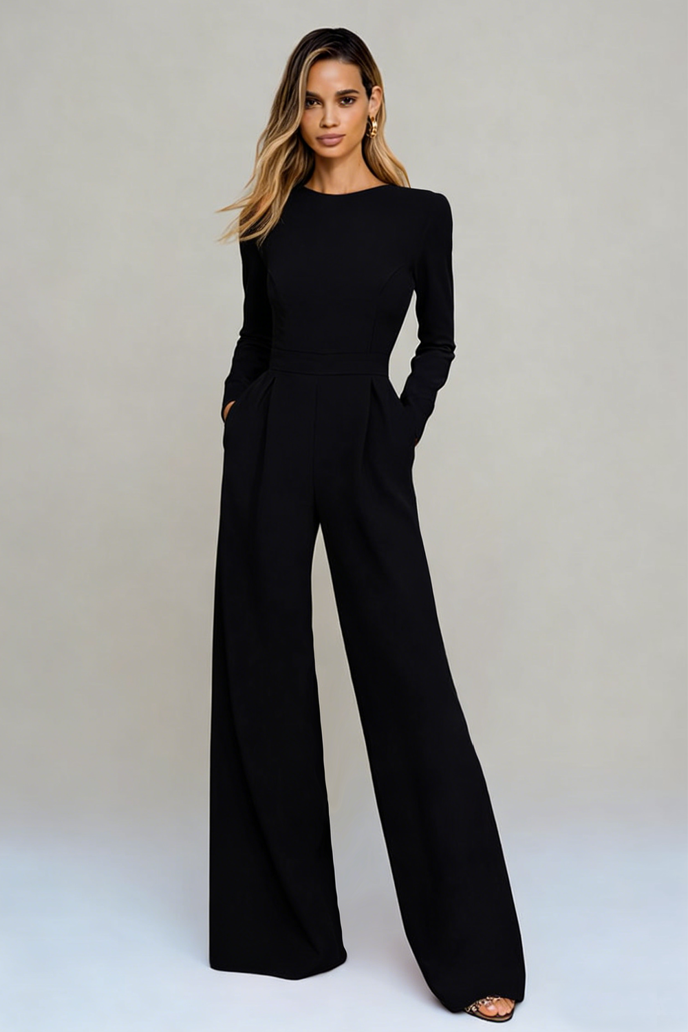 Black Round Neck Satin Long Sleeves Formal Jumpsuits