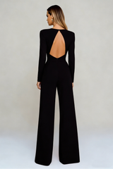 Black Round Neck Satin Long Sleeves Formal Jumpsuits