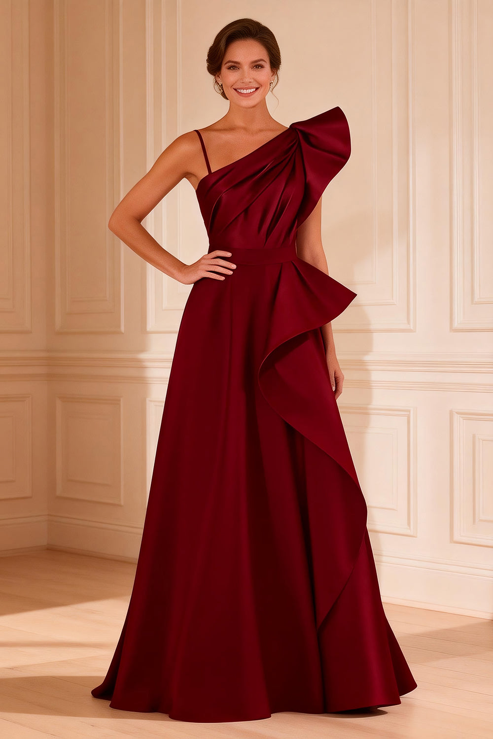 Burgundy Ruffled A Line Satin Long Mother of the Bride Dress