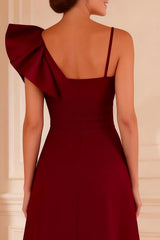Burgundy Ruffled A Line Satin Long Mother of the Bride Dress