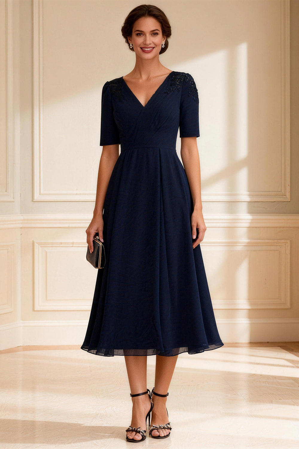 Navy V-Neck A-Line Midi Mother of the Bride Dress with Sleeves