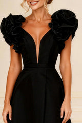 Black Ruffled V-Neck A-Line Long Mother of the Bride Dress with Slit