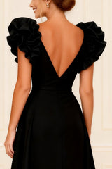 Black Ruffled V-Neck A-Line Long Mother of the Bride Dress with Slit