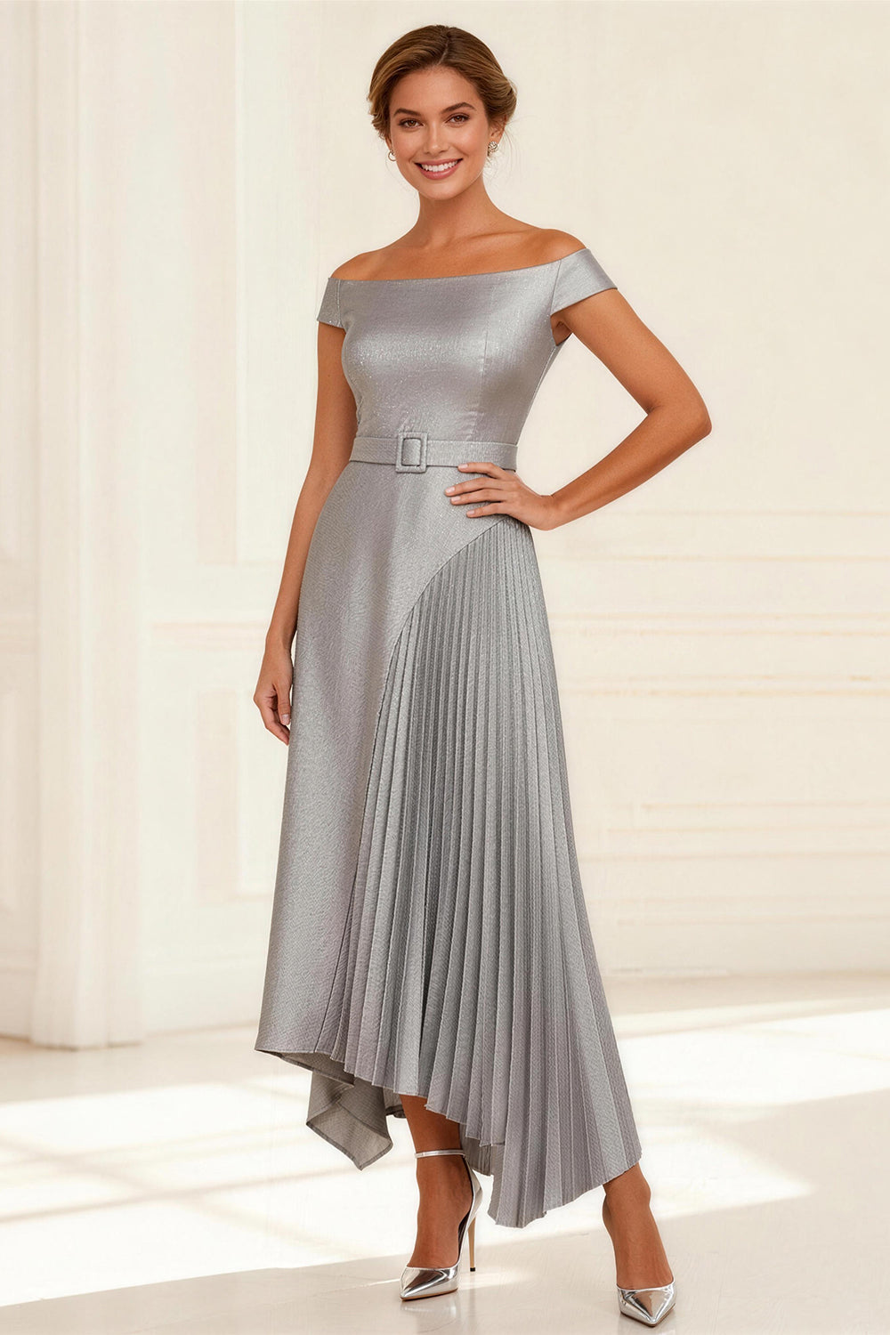 Silver Pleated A Line Off the Shoulder Asymmetrical Mother of the Bride Dress