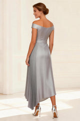 Silver Pleated A Line Off the Shoulder Asymmetrical Mother of the Bride Dress