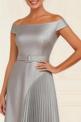 Silver Pleated A Line Off the Shoulder Asymmetrical Mother of the Bride Dress