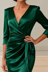 Dark Green V-Neck Bodycon Midi Mother of the Bride Dress