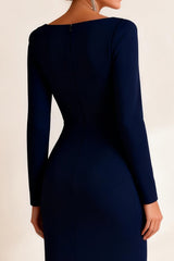 Navy Ruffled Boat Neck Mermaid Long Sleeves Mother of the Bride Dress with Slit