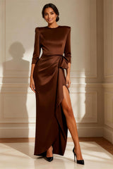 Chocolate Round Neck Satin Ruched Long Mother of the Bride Dress with Sash
