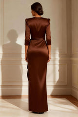 Chocolate Round Neck Satin Ruched Long Mother of the Bride Dress with Sash