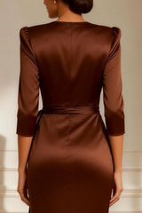 Chocolate Round Neck Satin Ruched Long Mother of the Bride Dress with Sash