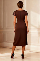 Brown Boat Neck Bodycon Midi Mother of the Bride Dress with Lace