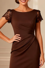 Brown Boat Neck Bodycon Midi Mother of the Bride Dress with Lace
