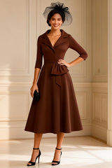 Chocolate A Line Notched Lapel Midi Mother of the Bride Dress with Sleeves