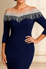 Sparkly Navy Sheath Illusion Round Neck Long Mother of the Bride Dress with Slit
