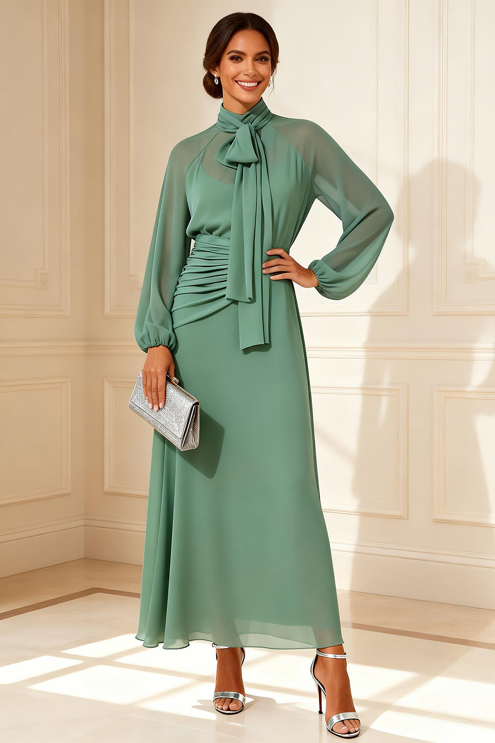 Sage Green Chiffon High Neck Long Sleeves Mother of the Bride Dress