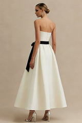 Ivory A Line Strapless Satin Long Engagement Dress with Bow