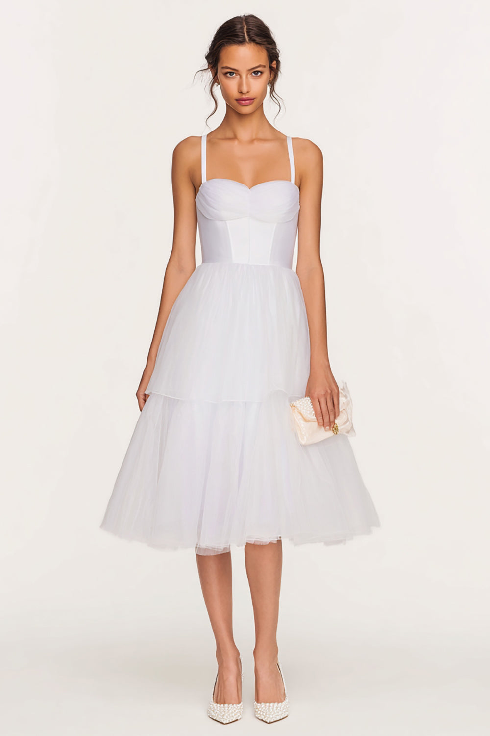 White Tulle Spaghetti Straps Tiered Midi Corset Bridal Shower Dress