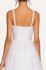 White Tulle Spaghetti Straps Tiered Midi Corset Bridal Shower Dress