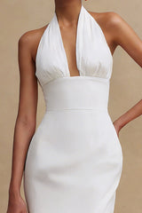 White Halter Neck Bodycon Satin Midi Engagement Dress